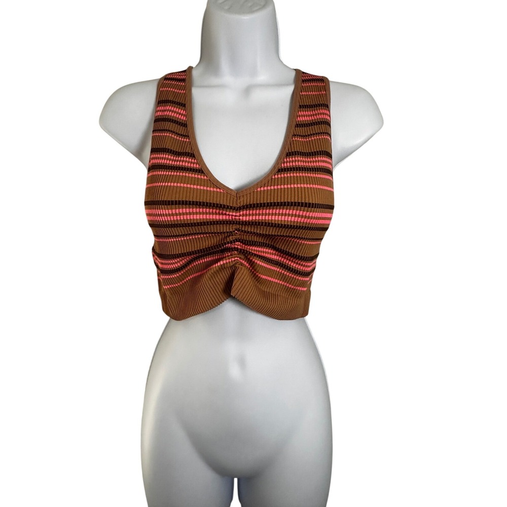 Aerie Brown Pink Striped Ribbed Ruched Front Crop Tank Top XL Retro Y2K Indie